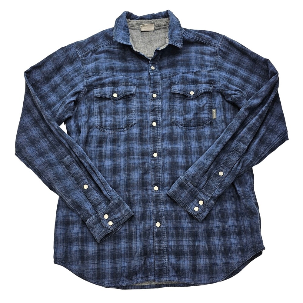 Columbia Mens Blue Plaid Long Sleeve Button Down Snap Pocket Shirt Small RN69724